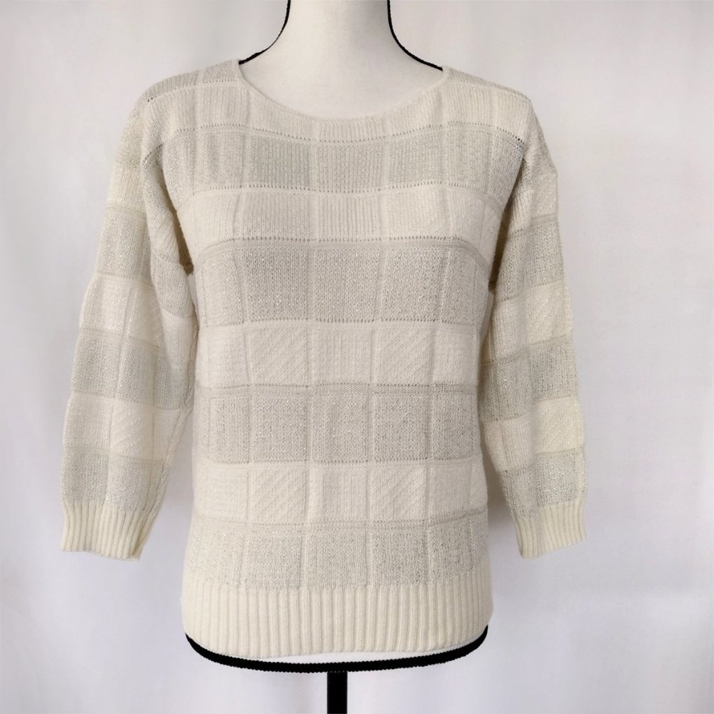 Vintage 80s/90s White Metallic Grid Striped 3/4 Sleeve Sweater